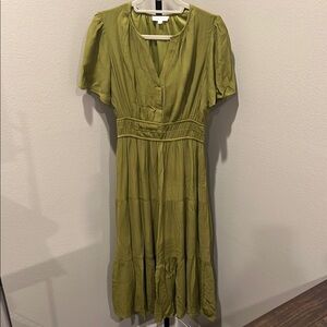 Green Pleated Buttoned Midi Sundress
